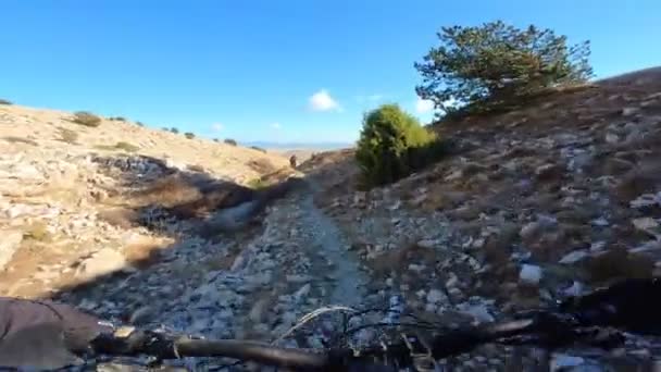 Grupp Vänner Speed Ridning Mountainbike Downhill Rida Stenig Väg Med — Stockvideo