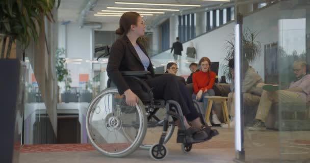그녀의 동료와 현대적인 회사에서 휠체어에 사업가 포용력 다양성 토론을 소중히하는 — 비디오