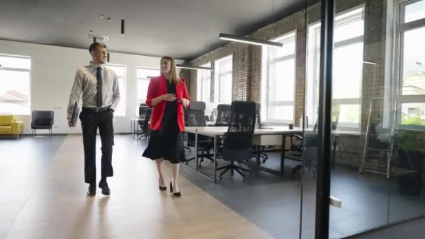 モダンなスタートアップオフィスを歩き さまざまなビジネス課題についてダイナミックな議論に取り組む2人の若いビジネス同僚 — ストック動画