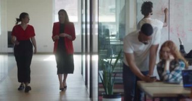 Çeşitli iş arkadaşları, modern bir girişim ofisindeki iş arkadaşları tarafından çevrelenmiş, takım çalışması, yenilik ve sorun üzerine tartışmalara giriyorlar.