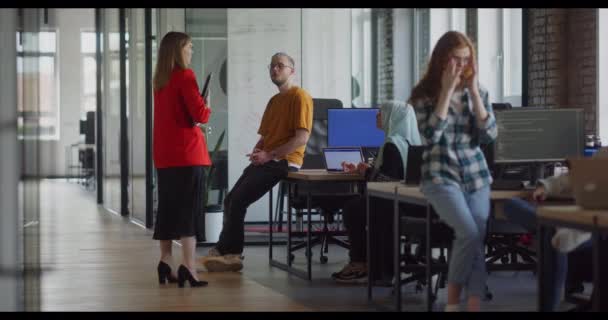 多様なビジネス同僚グループが 現代のスタートアップオフィスで同僚に囲まれたさまざまなビジネス上の課題について議論し チームワーク イノベーション 問題を紹介しています — ストック動画