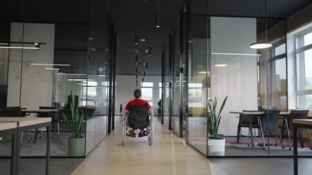 Young Female Entrepreneur Using Wheelchair Due Her Condition Navigates Modern — Stock Video
