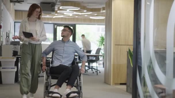 若いビジネス同僚 車椅子の人を含む共同ビジネス同僚 近代的なガラスオフィスの廊下を歩く 多様性を示しています チームワークとエンパワーメント — ストック動画