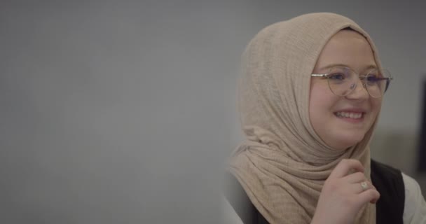 Modern Office Muslim Entrepreneur Wearing Hijab Sits Confidently Diligently Works — Stock Video