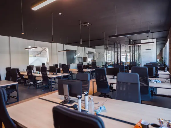 Setting Modern Glass Walled Business Startup Offices Open Airy Workspace — Stock Photo, Image