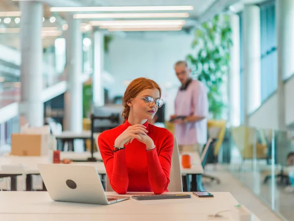 Modern Startup Office Professional Businesswoman Orange Hair Sitting Her Laptop — Stock Photo, Image