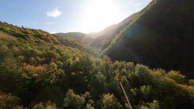 FPV, sonbahar mevsiminde muhteşem vahşi orman ağaçlarında hareket uçuşunu gerçekleştirir. FPV İHA sonbahar renkli ağaçların üzerinden dağa doğru uçar.. 