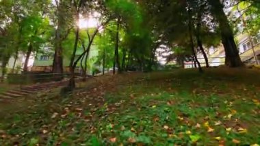 Uçan İHA 'lar şehir binalarının üzerinde, ağaçların tepesinde ve kalabalık caddelerde trafik varken çekim yaptı. Sinematik kurgu çekimi. 