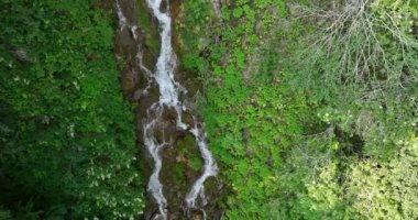 Yeşil ormanda güzel bir şelale, üst manzara. Bosna-Hersek Şelalesi Skakavac 'ın gizli mücevherlerinden biri Avrupa' nın en yüksek ve en güzel şelalesidir..