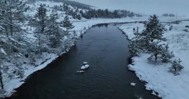 凍結する川で素晴らしいシネマティックな空中ビュー 凍ったクリークの風景を眺める飛行機 スノーウィンターバケーションホリデータイム — ストック動画