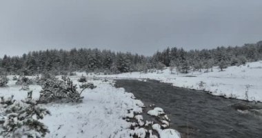 Donmuş Nehir 'de İnanılmaz Sinematik Görüntü. Donmuş Derenin Üzerinde Uçan Havadan Bakış Doğa Manzarası. Karlı Kış Tatil Zamanı