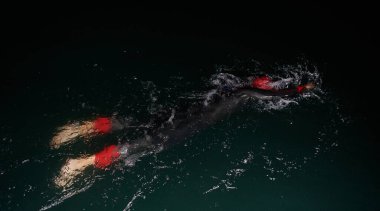 Kararlı bir profesyonel triatloncu soğuk sularda sıkı bir gece eğitimi alır. Yaklaşan triatlon yüzme yarışmasına hazırlanmak için kendini adamış ve direnç göstermiştir.. 