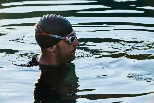 Triathlete Finds Serene Rejuvenation Lake Basking Tranquility Water Intense Training — Stock Photo, Image