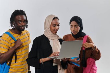 Aralarında Afro-Amerikalı bir öğrenci ve iki tesettürlü kadının da bulunduğu bir grup öğrenci, kültürlerin ve geçmişlerin uyumlu bir karışımını sembolize ederek el değmemiş beyaz bir arkaplana karşı birleşiyorlar.