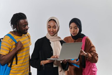 Aralarında Afro-Amerikalı bir öğrenci ve iki tesettürlü kadının da bulunduğu bir grup öğrenci, kültürlerin ve geçmişlerin uyumlu bir karışımını sembolize ederek el değmemiş beyaz bir arkaplana karşı birleşiyorlar.