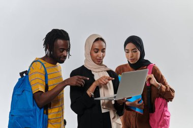 Aralarında Afro-Amerikalı bir öğrenci ve iki tesettürlü kadının da bulunduğu bir grup öğrenci, kültürlerin ve geçmişlerin uyumlu bir karışımını sembolize ederek el değmemiş beyaz bir arkaplana karşı birleşiyorlar.