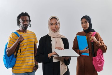 Aralarında Afro-Amerikalı bir öğrenci ve iki tesettürlü kadının da bulunduğu bir grup öğrenci, kültürlerin ve geçmişlerin uyumlu bir karışımını sembolize ederek el değmemiş beyaz bir arkaplana karşı birleşiyorlar.