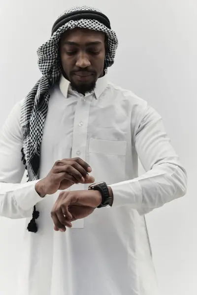 Arabic Entrepreneur Captures Self Portrait Isolated White Background Radiating Ambition — Stock Photo, Image
