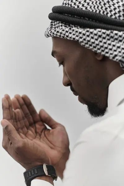 African American Muslim Man Raises His Hands Prayer Seeking Solace — Stock Photo, Image