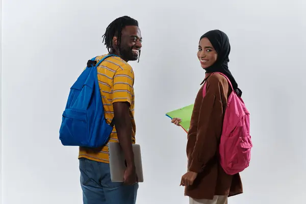 African American Student Collaborates His Muslim Colleague Who Diligently Works — Stock Photo, Image