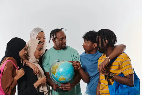 A diverse group of students is gathered around a globe, engrossed in exploration and study, their vibrant energy captured against a pristine white background, symbolizing unity and curiosity in their
