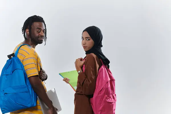 African American Student Collaborates His Muslim Colleague Who Diligently Works — Stock Photo, Image