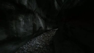 Antik bir mağaradan akan bir dereyle vahşi bir ormanda uçan insansız hava aracı görüntüsü.