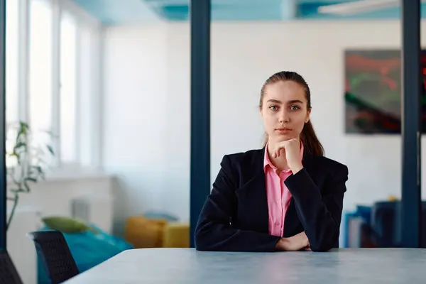 Successful Young Female Leader Suit Pink Shirt Sitting Modern Glass — Stock Photo, Image