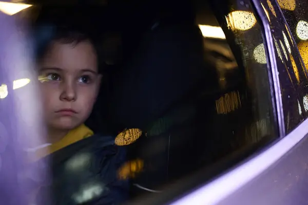 Genç Bir Çocuk Araba Yolculuğundan Zevk Alır Pencereden Geçer Geçen — Stok fotoğraf