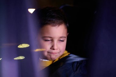 Genç bir çocuk araba yolculuğundan zevk alır, pencereden geçer ve geçen manzarayı izler.