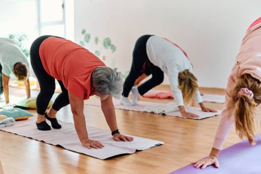 Bir grup son sınıf öğrencisi, güneş alan bir alanda eğitmenin rehberliğinde boyun, sırt ve bacak esnetme gibi çeşitli yoga egzersizleri yaparak refahı ve uyumu sağlıyorlar.. 