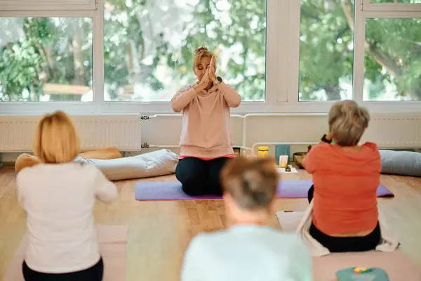 Group Senior Women Engage Various Yoga Exercises Including Neck Back — Stock Photo, Image