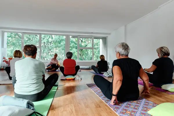 Группа Женщин Старшего Возраста Занимается Различными Упражнениями Йоги Включая Растяжки — стоковое фото