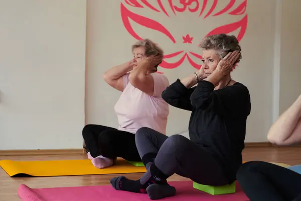 Grupo Mulheres Seniores Envolver Vários Exercícios Ioga Incluindo Pescoço Costas — Fotografia de Stock