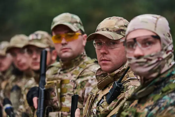 Soldier Fighters Standing Together Guns Group Portrait Army Elite Members — Stock Photo, Image