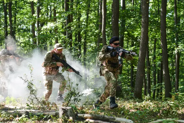 stock image A specialized military antiterrorist unit conducts a covert operation in dense, hazardous woodland, demonstrating precision, discipline, and strategic readiness. 