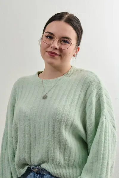 Portrait Beautiful Female Pupil Oversized Sweater Wears Spectacles Has Pleased — Stock Photo, Image