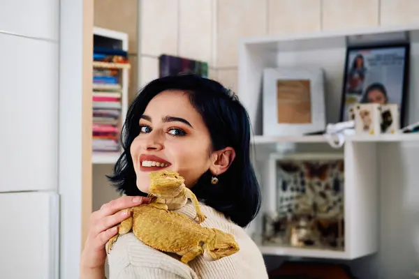 Beautiful Woman Joyful Moment Posing Her Two Adorable Bearded Dragon Royalty Free Stock Images
