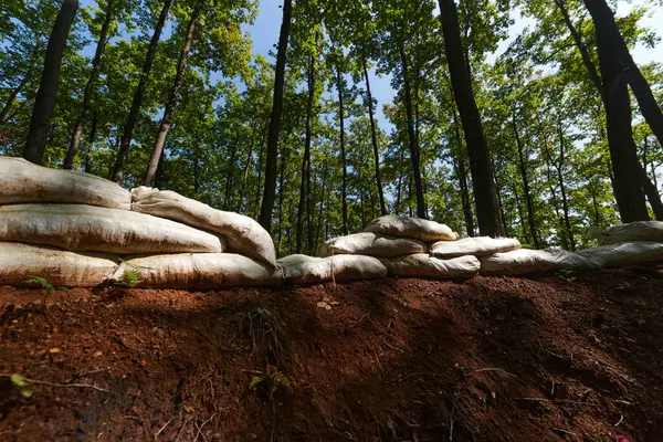 Unità Militare Impiega Strategicamente Sacchi Sabbia Come Muro Difensivo Creando — Foto Stock