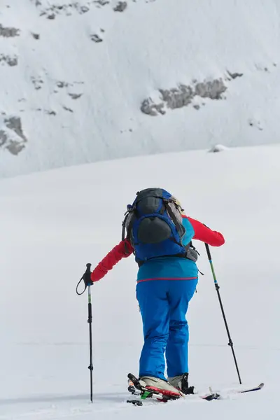 Kararlı Bir Kayakçı Alplerde Karlı Bir Zirveye Tırmanır Destansı Bir — Stok fotoğraf