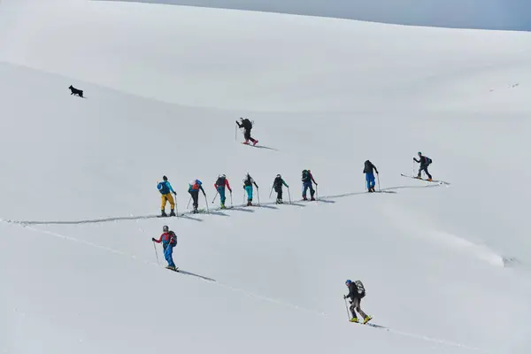 Skupina Profesionálních Lyžařských Horolezců Stoupá Nebezpečný Zasněžený Vrchol Pomocí Nejmodernějšího — Stock fotografie