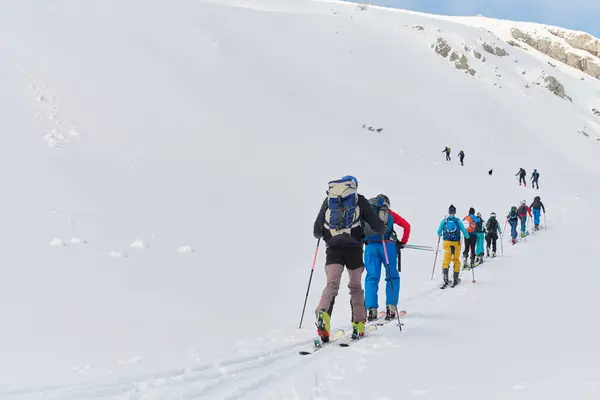 Groupe Alpinistes Professionnels Gravit Pic Enneigé Dangereux Aide Équipements Pointe — Photo