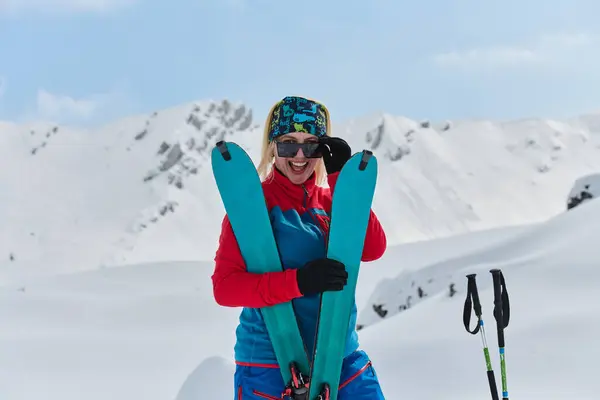 Professional Woman Skier Rejoices Successfully Climbing Snowy Peaks Alps — Stock Photo, Image