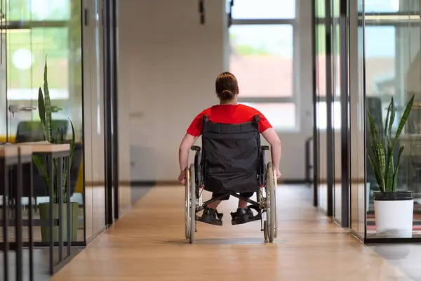 Moderní Mladá Podnikatelka Invalidním Vozíku Obklopena Inkluzivním Pracovištěm Kancelářemi Skleněnými Stock Obrázky