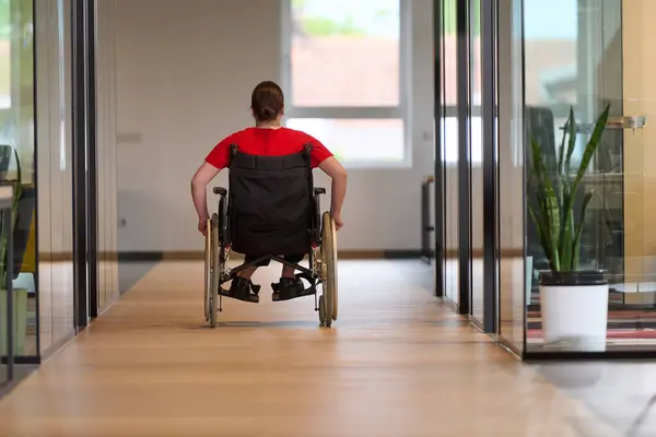 stock image A modern young businesswoman in a wheelchair is surrounded by an inclusive workspace with glass-walled offices, embodying determination and innovation in the business world. 