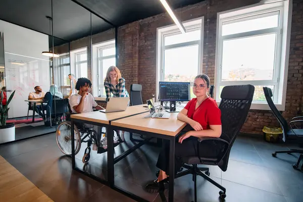 Diverse Group Business Professionals Collaborates Modern Startup Coworking Center Utilizing Stock Image