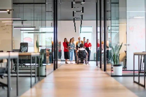 Diverse Group Young Business People Walking Corridor Glass Enclosed Office Stock Picture