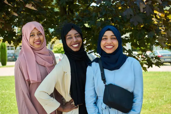 Symbolsk Skildring Enhed Søsterskab Som Gruppe Mellemøstlige Muslimske Kvinder Iført Stock-billede