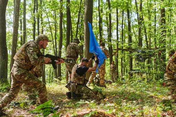 Stock image A disciplined and specialized military unit, donned in camouflage, strategically patrolling and maintaining control in a high-stakes environment, showcasing their precision, unity, and readiness for