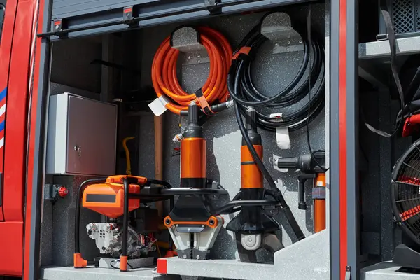 stock image Close-up of essential firefighting equipment on a modern firetruck, showcasing tools and gear ready for emergency response to hazardous fire situations. 